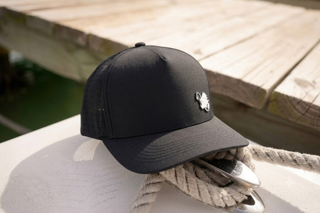 Performance Dry-Fit Black With White Angler Hat (5 panel)