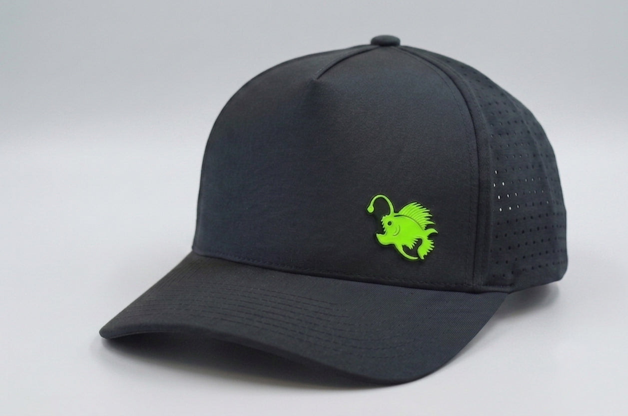 Performance Dry-Fit Black With Green Angler Hat (5-panel)