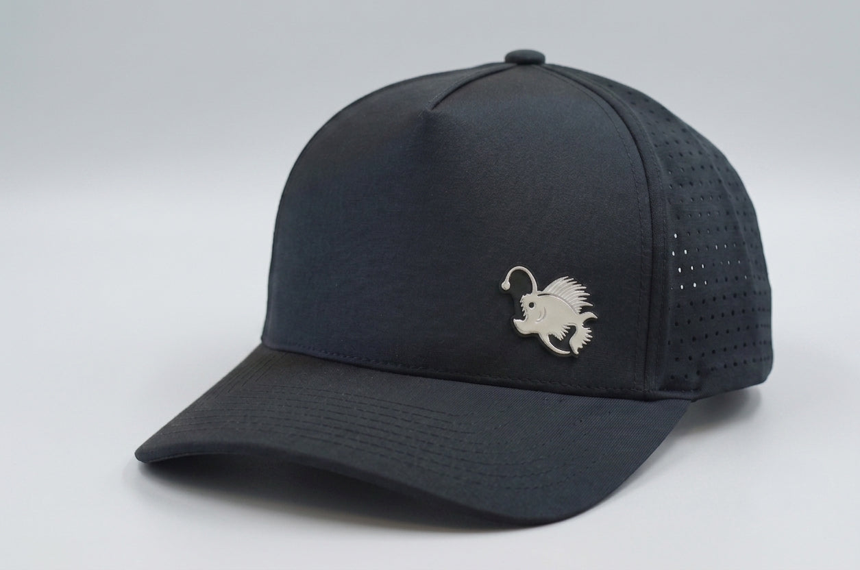 Performance Dry-Fit Black With White Angler Hat (5 panel)